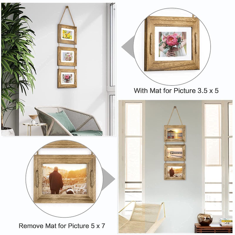 DLQuarts 5x7 Hanging Picture Frames Collage Wall Decor, 3-Opening Photo Frames 5x7 without Mat & 3.5x5 with Mat, Rustic Wood, Carbonized Black - Image 3
